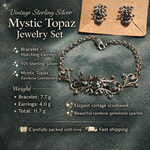 925 Sterling Silver Mystic Topaz Bracelet & Earrings Set 11.7g Rainbow